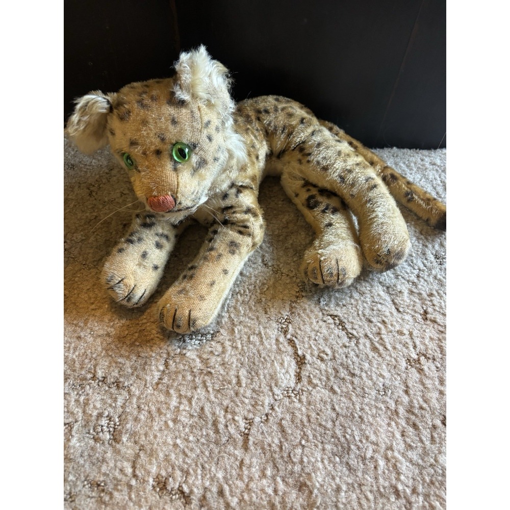 Vintage Steiff Style Mohair Leopard Plush Green Glass Eyes Stuffed Animal 1950s